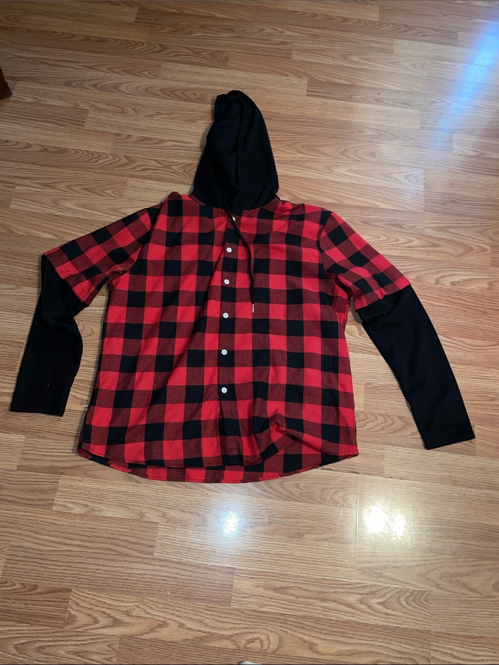SHEIN Red and Black Plaid Hooded Layered Shirt